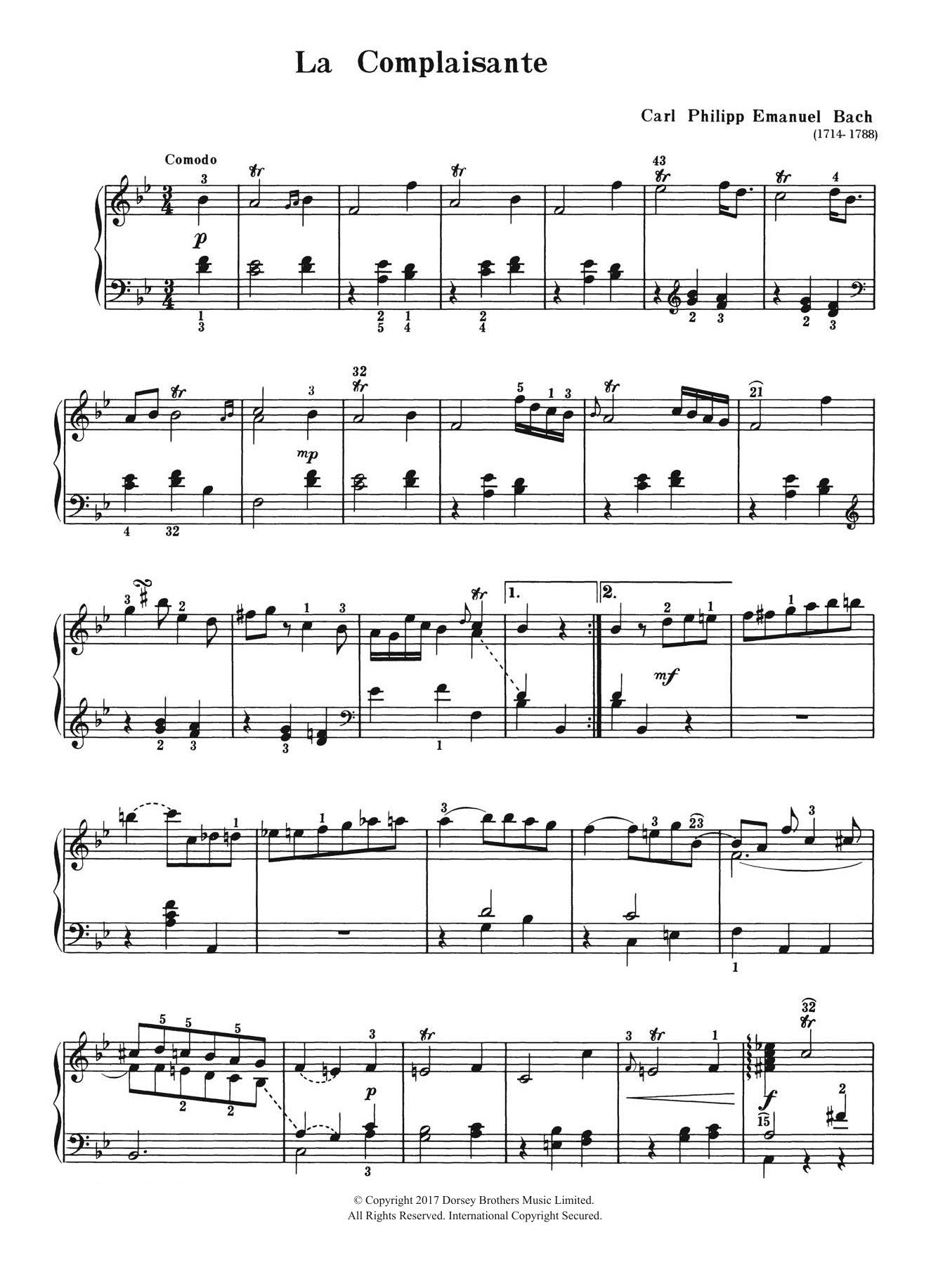 Download Carl Philipp Emanuel Bach La Complaisante Sheet Music and learn how to play Piano PDF digital score in minutes