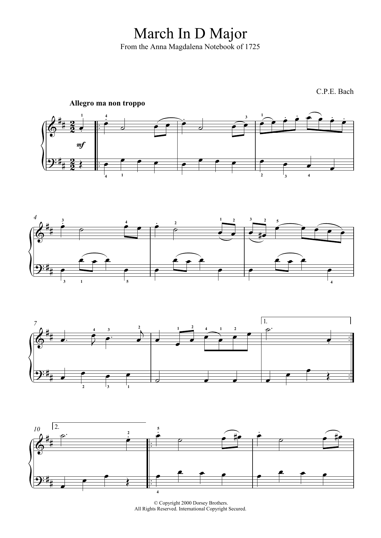 Download C.P.E. Bach March In D Major, BWV App. 122 Sheet Music and learn how to play Piano PDF digital score in minutes