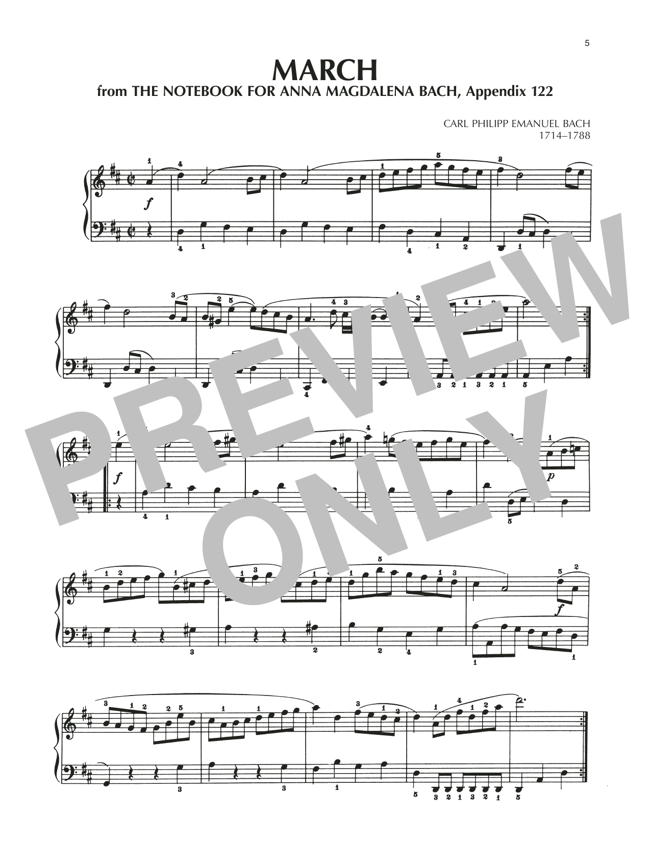 Download Carl Philipp Emanuel Bach March In D Major, BWV Appendix 122 Sheet Music and learn how to play Piano Solo PDF digital score in minutes