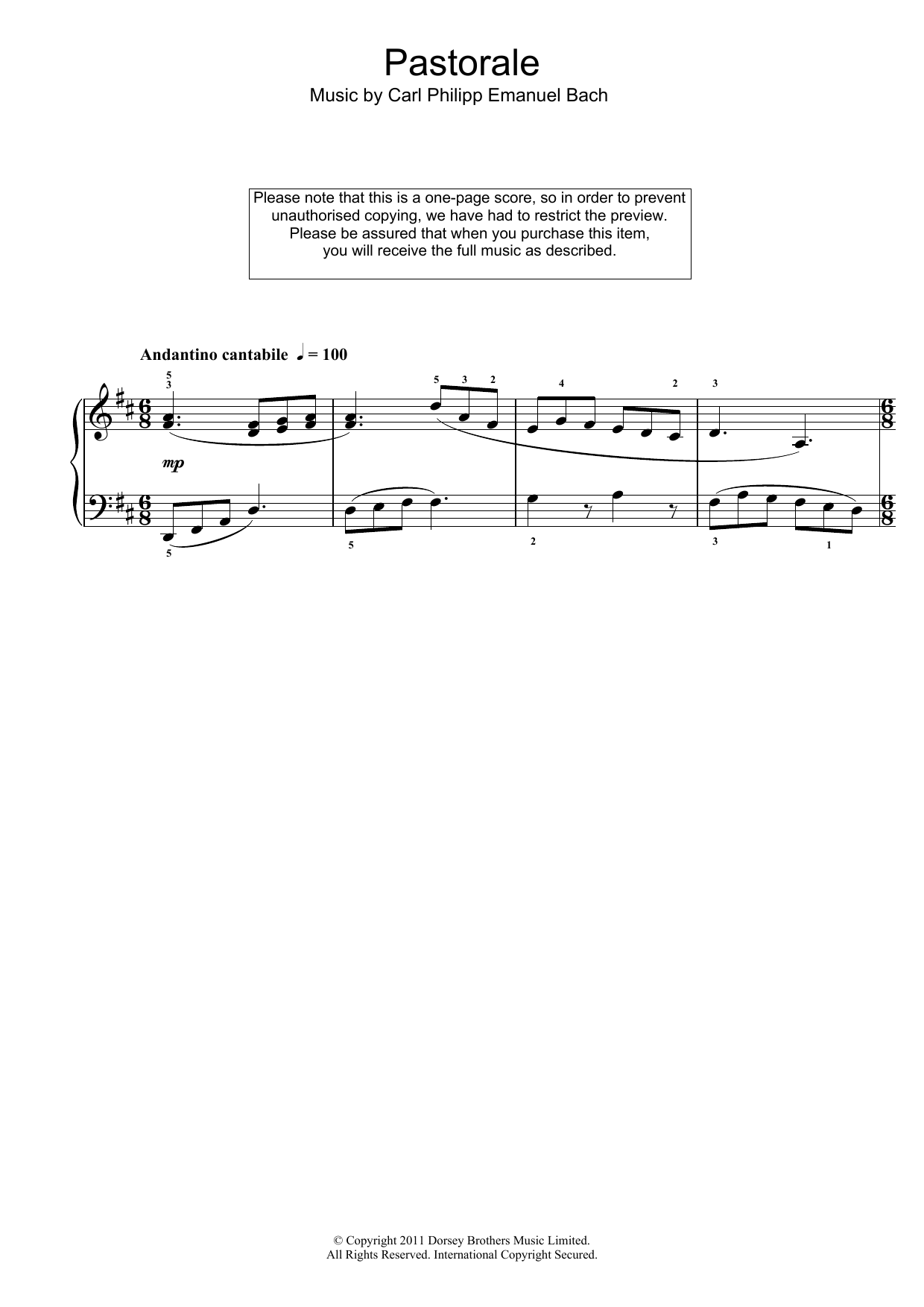 Download Carl Philipp Emanuel Bach Pastorale Sheet Music and learn how to play Piano PDF digital score in minutes