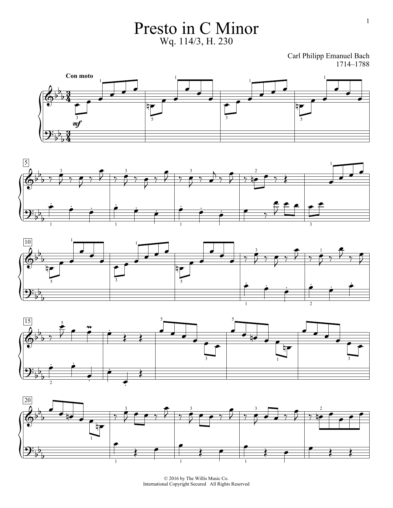 Download Carl Philipp Emanuel Bach Presto In C Minor, Wq. 114/3, H. 230 Sheet Music and learn how to play Educational Piano PDF digital score in minutes