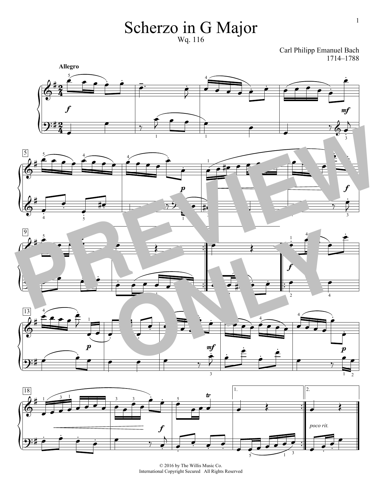 Download Carl Philipp Emanuel Bach Scherzo In G Major, Wq. 116 Sheet Music and learn how to play Educational Piano PDF digital score in minutes