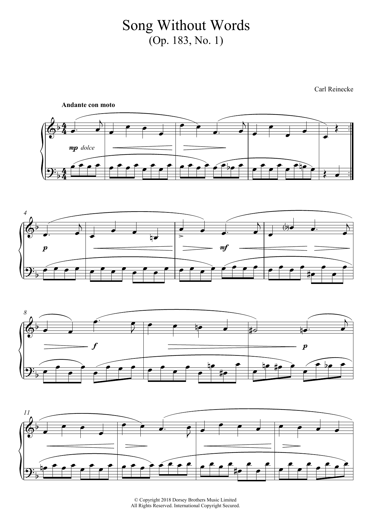 Download Carl Reinecke Song Without Words, Op. 183, No. 1 Sheet Music and learn how to play Piano PDF digital score in minutes