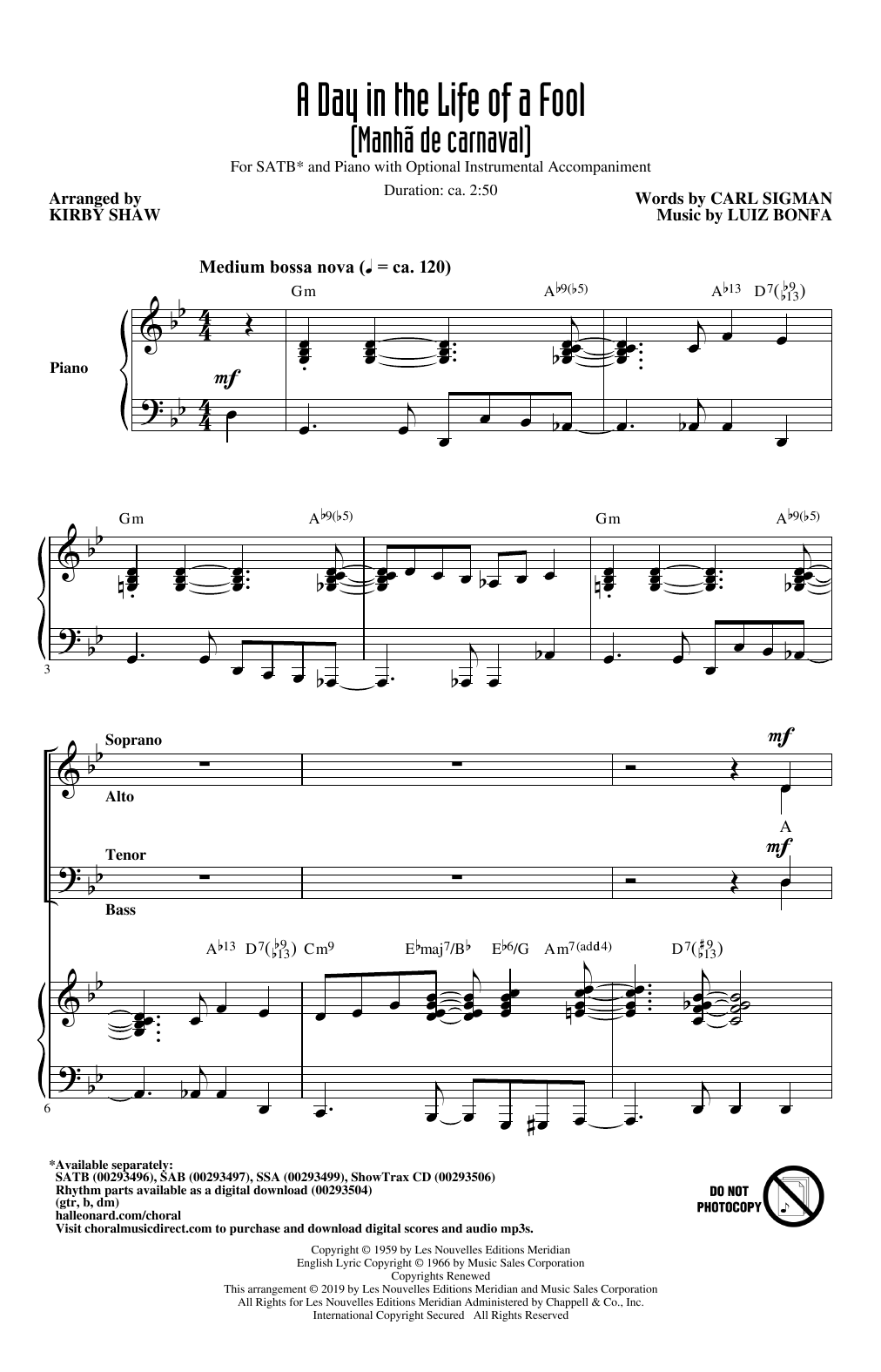 Download Carl Sigman & Luiz Bonfa A Day In The Life Of A Fool (Manha De Carnaval) (arr. Kirby Shaw) Sheet Music and learn how to play SATB Choir PDF digital score in minutes