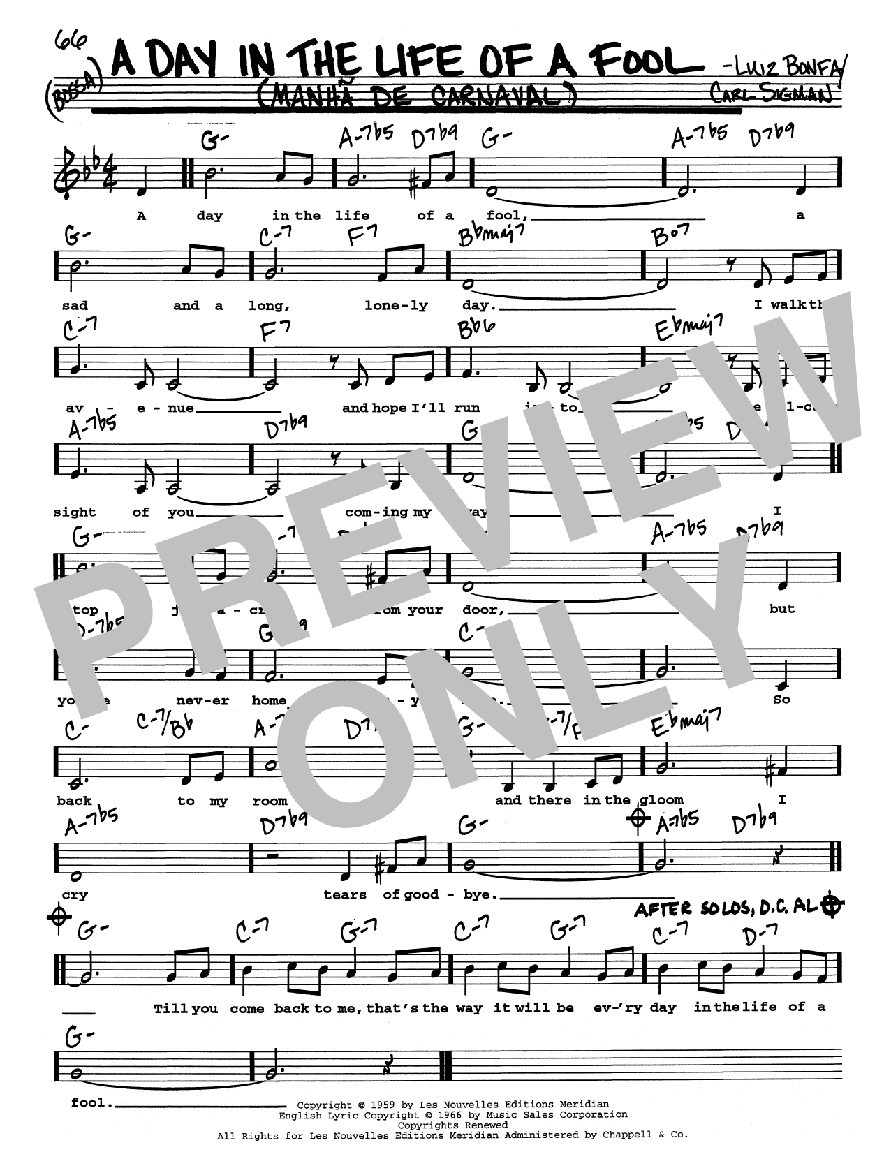 Download Carl Sigman & Luiz Bonfa A Day In The Life Of A Fool (Manha De Carnaval) (Low Voice) Sheet Music and learn how to play Real Book – Melody, Lyrics & Chords PDF digital score in minutes