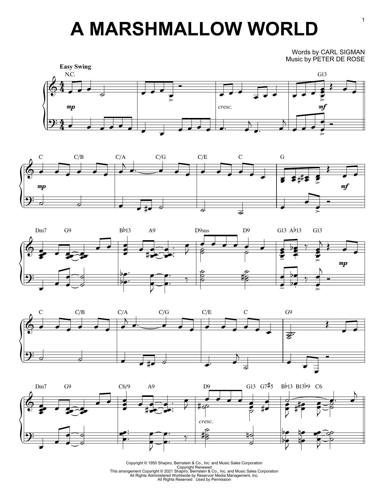 Download Carl Sigman & Peter De Rose A Marshmallow World [Jazz version] (arr. Brent Edstrom) Sheet Music and learn how to play Piano Solo PDF digital score in minutes