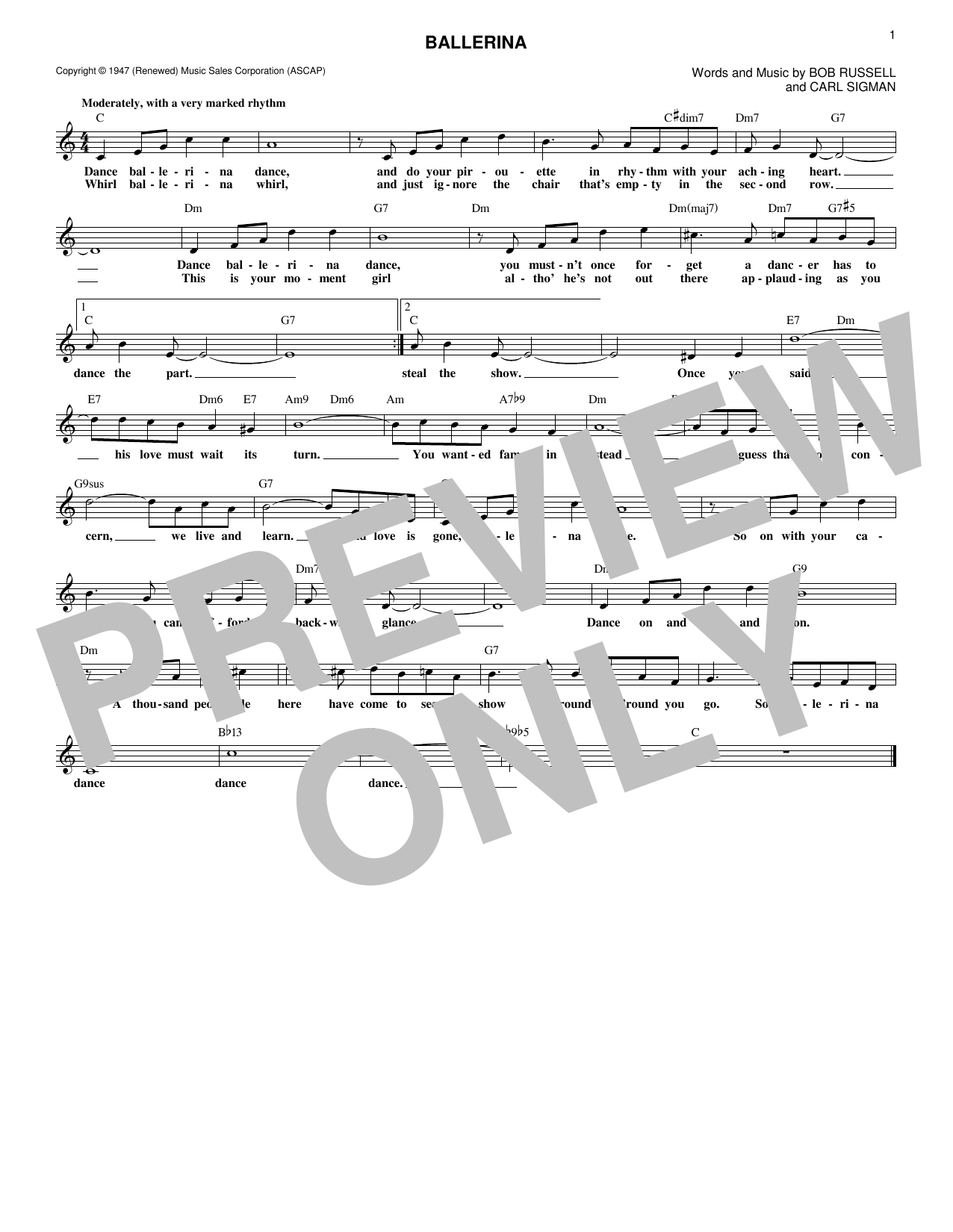 Download Carl Sigman Ballerina Sheet Music and learn how to play Melody Line, Lyrics & Chords PDF digital score in minutes