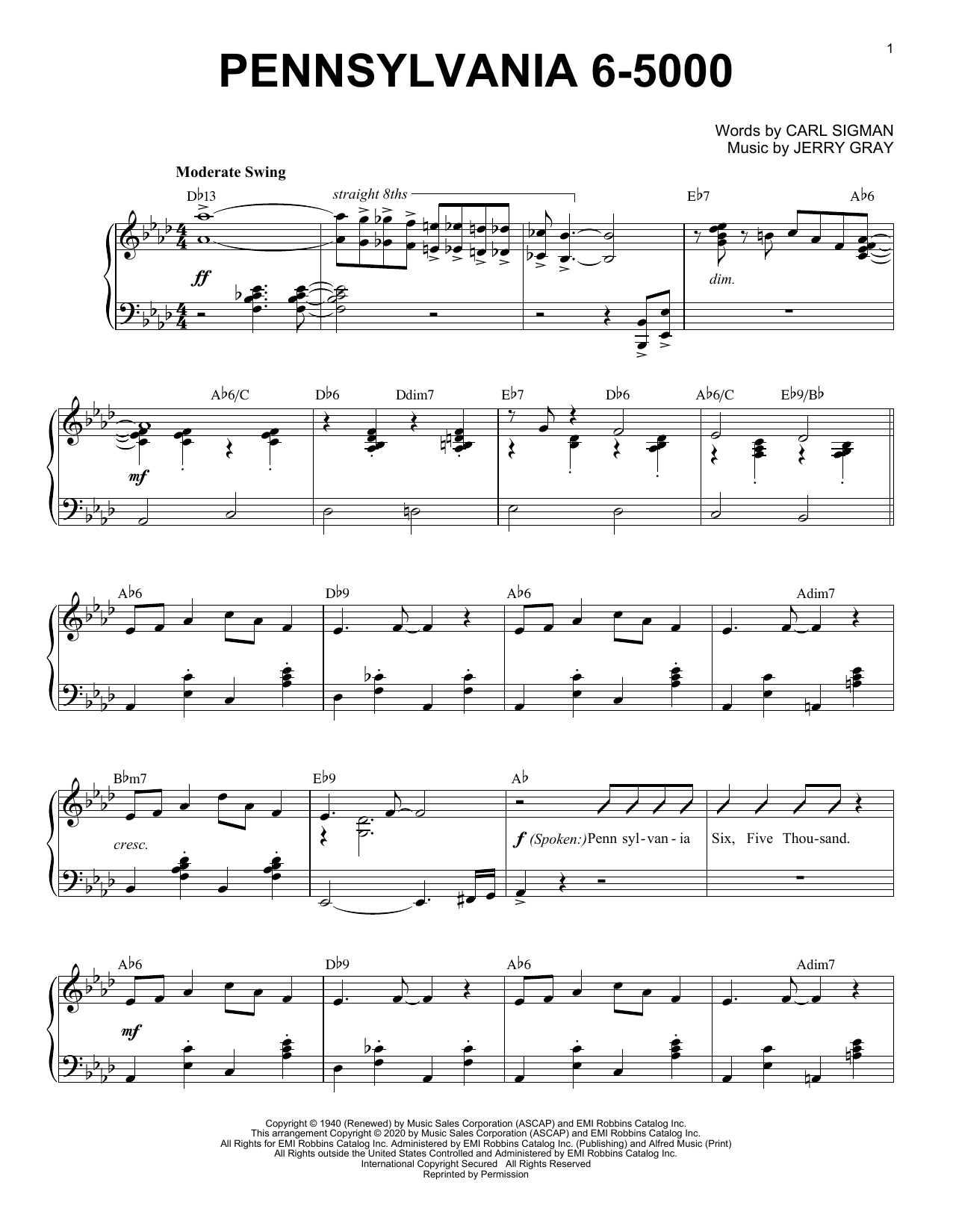 Download Carl Sigman Pennsylvania 6-5000 [Jazz version] (arr. Brent Edstrom) Sheet Music and learn how to play Piano Solo PDF digital score in minutes