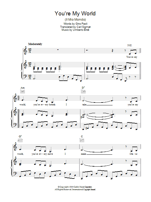 Download Carl Sigman You're My World (Il Mio Mondo) Sheet Music and learn how to play Piano, Vocal & Guitar (Right-Hand Melody) PDF digital score in minutes