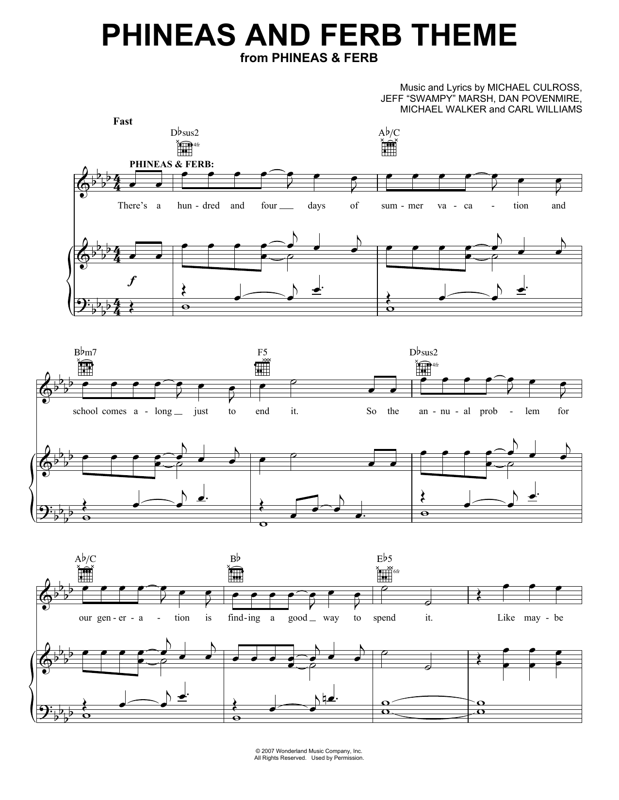 Download Carl Williams Phineas And Ferb Theme Sheet Music and learn how to play Piano, Vocal & Guitar Chords (Right-Hand Melody) PDF digital score in minutes