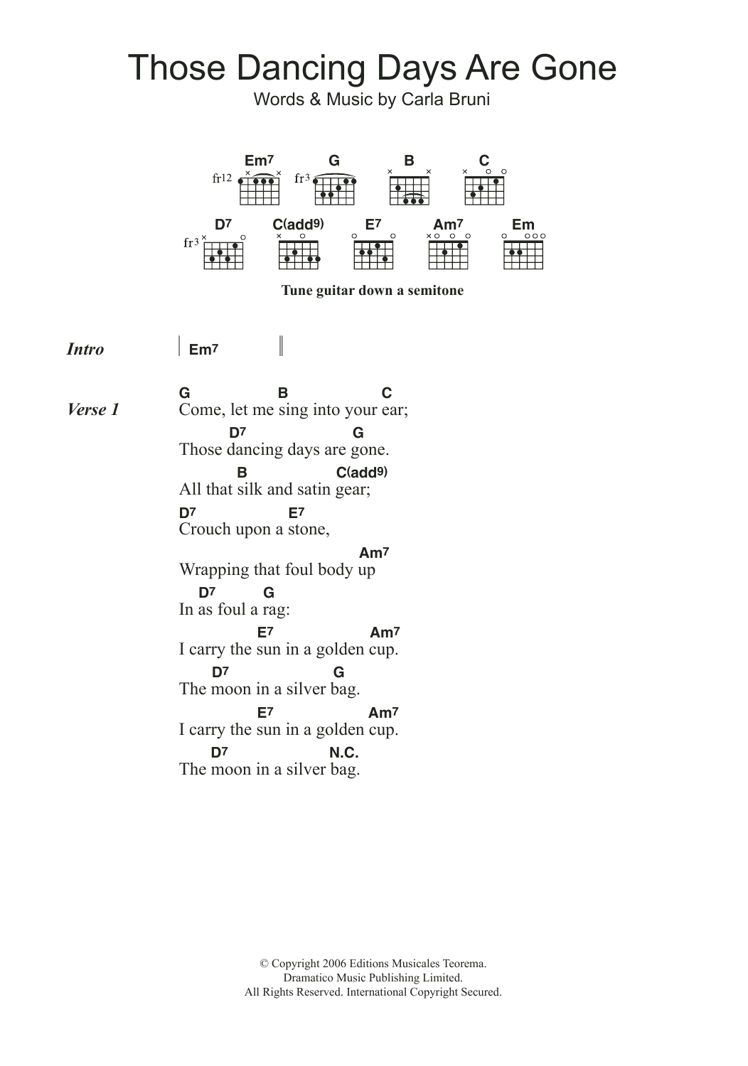 Download Carla Bruni Those Dancing Days Are Gone Sheet Music and learn how to play Lyrics & Chords PDF digital score in minutes