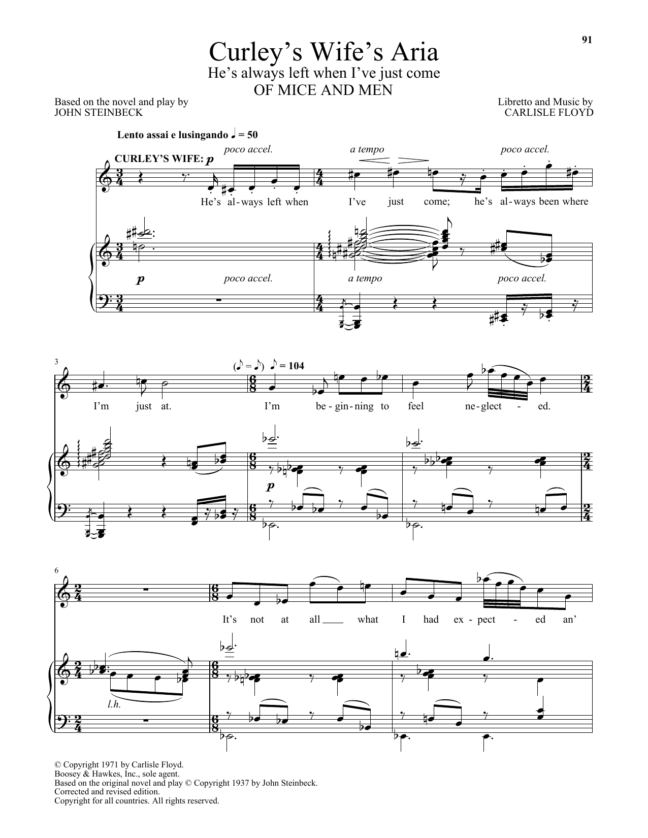 Download Carlisle Floyd Curley's Wife's Aria (He's Always Left When I've Just Come) (from Of Mice And Me Sheet Music and learn how to play Piano & Vocal PDF digital score in minutes