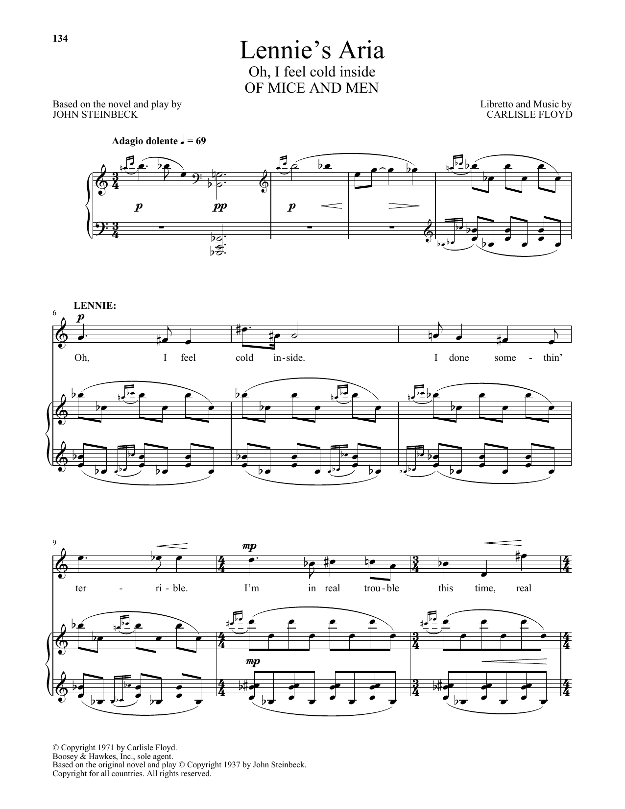 Download Carlisle Floyd Lennie's Aria (Oh, I feel cold inside) (from Of Mice And Men) Sheet Music and learn how to play Piano & Vocal PDF digital score in minutes