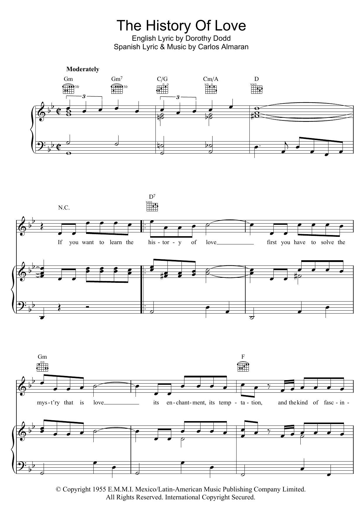 Download Carlos Almaran History Of Love (Historia De Un Amor) Sheet Music and learn how to play Piano, Vocal & Guitar (Right-Hand Melody) PDF digital score in minutes