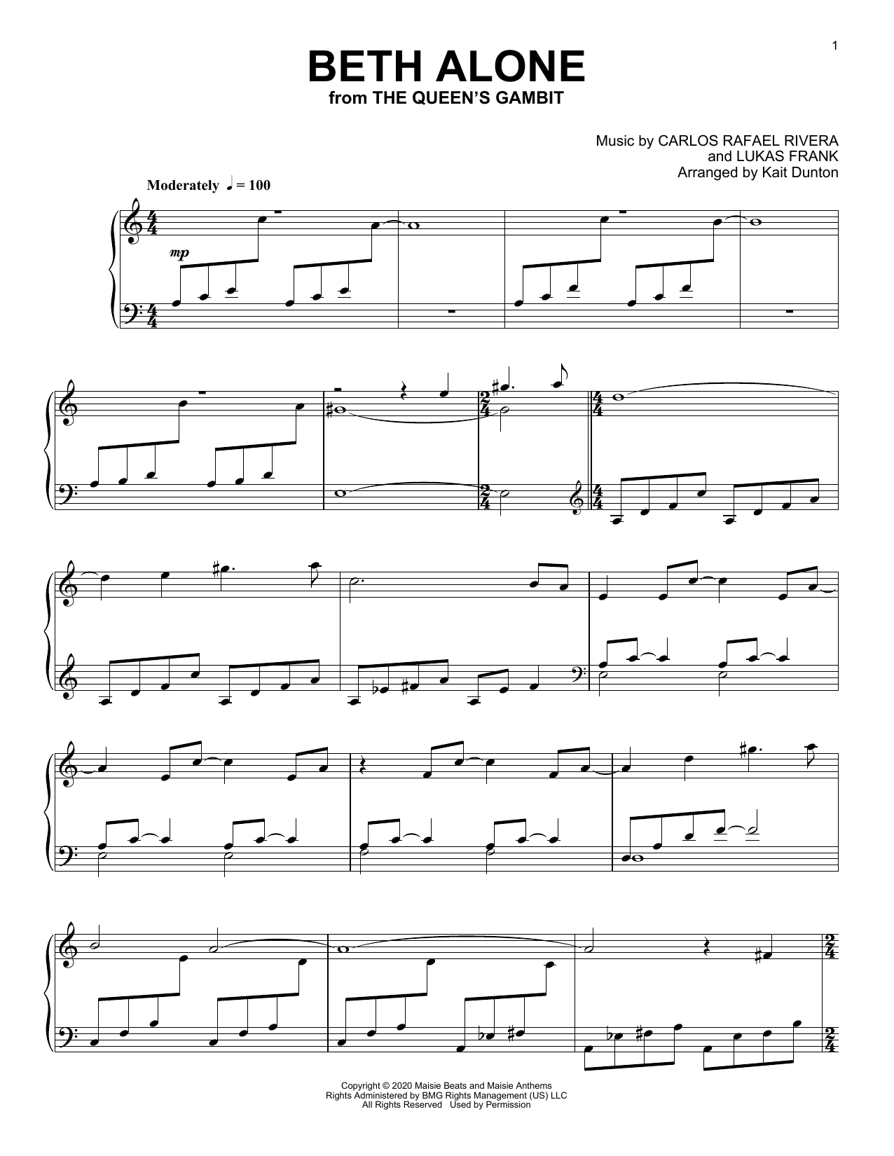 Download Carlos Rafael Rivera Beth Alone (from The Queen's Gambit) Sheet Music and learn how to play Piano Solo PDF digital score in minutes