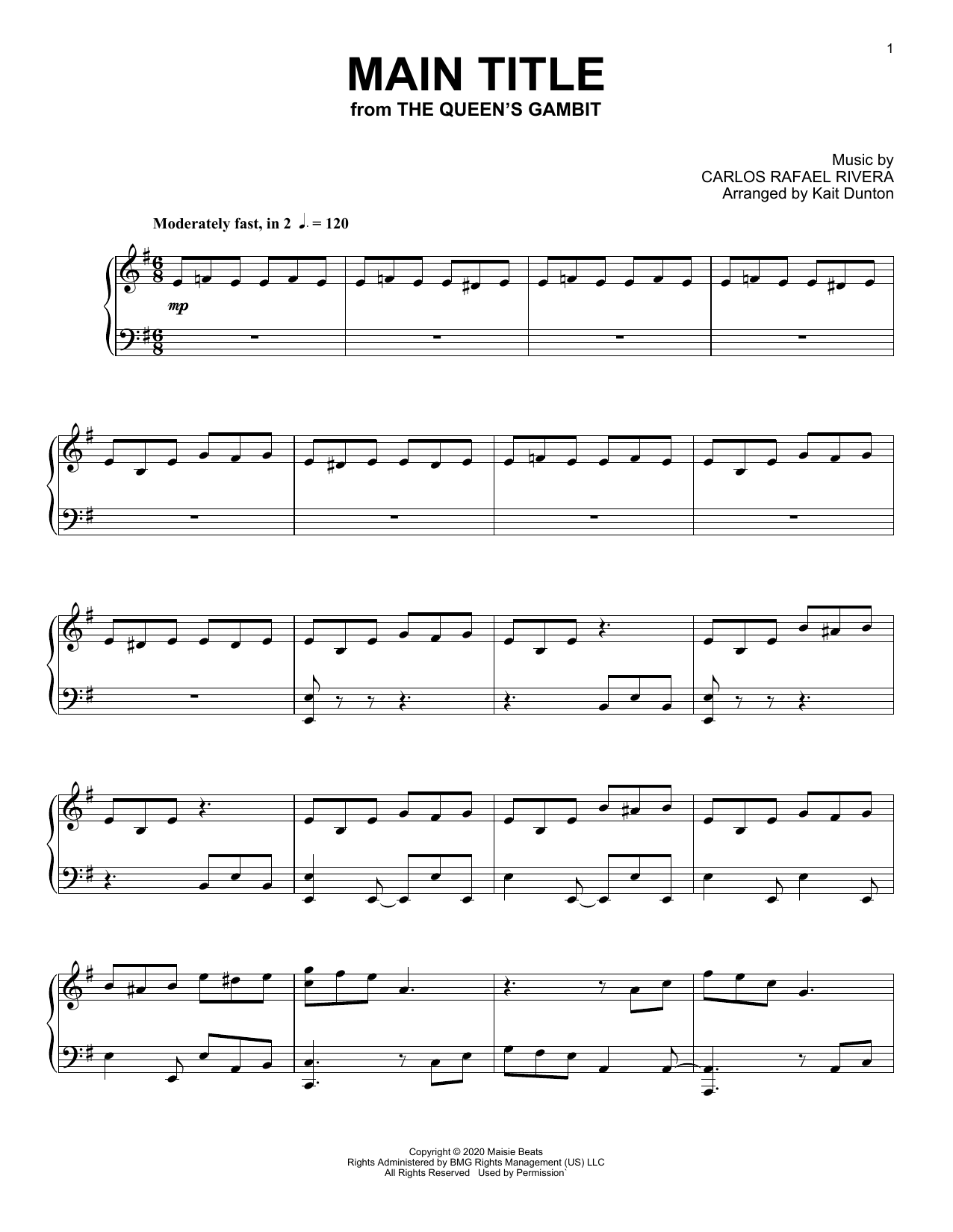 Download Carlos Rafael Rivera Main Title (from The Queen's Gambit) Sheet Music and learn how to play Piano Solo PDF digital score in minutes