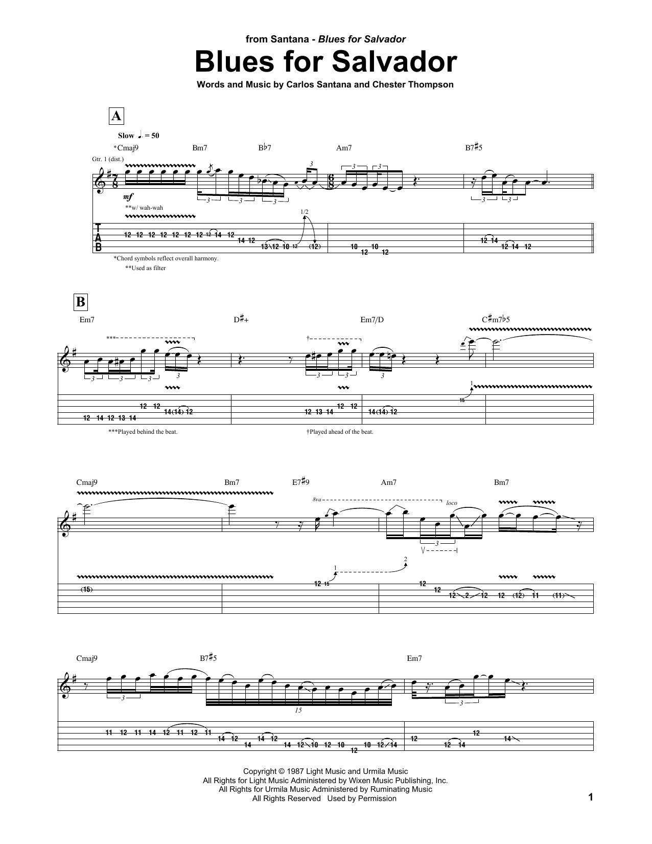 Download Carlos Santana Blues For Salvador Sheet Music and learn how to play Guitar Tab PDF digital score in minutes