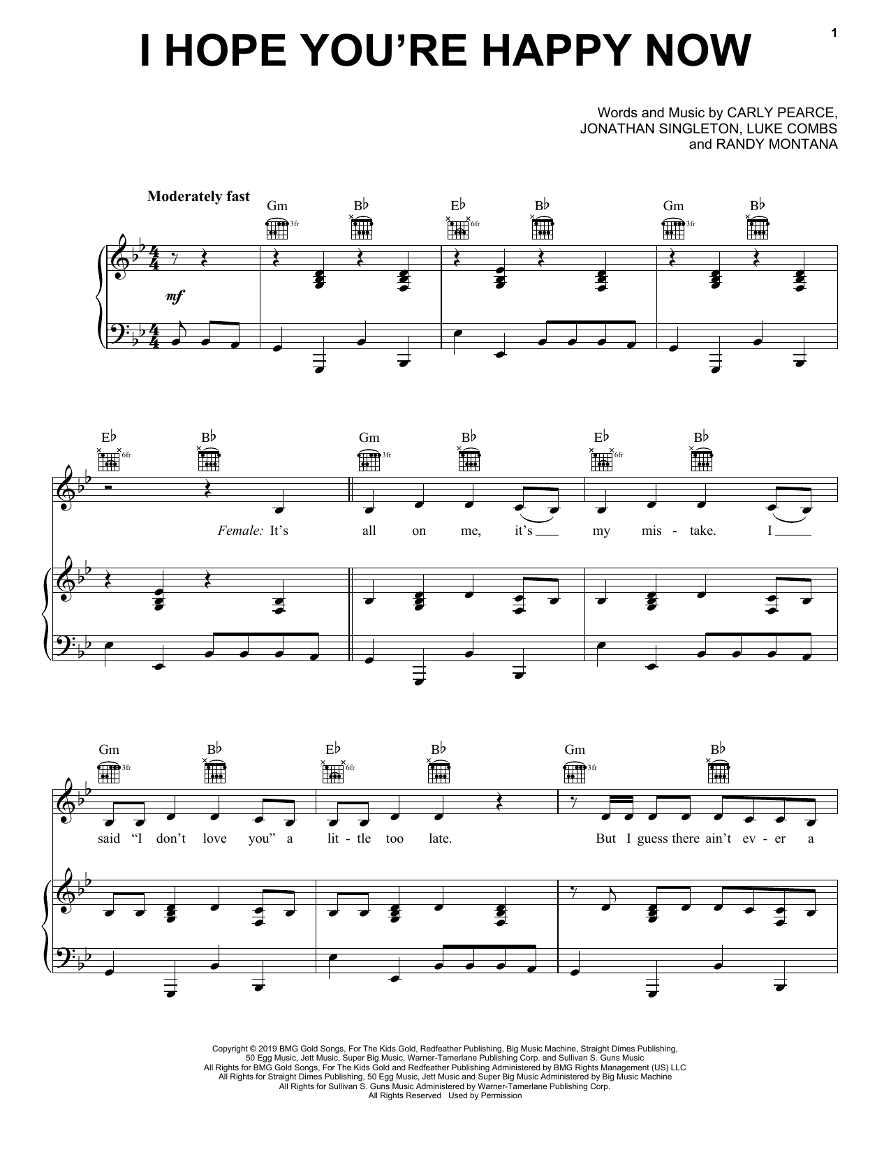 Download Carly Pearce & Lee Brice I Hope You're Happy Now Sheet Music and learn how to play Piano, Vocal & Guitar Chords (Right-Hand Melody) PDF digital score in minutes