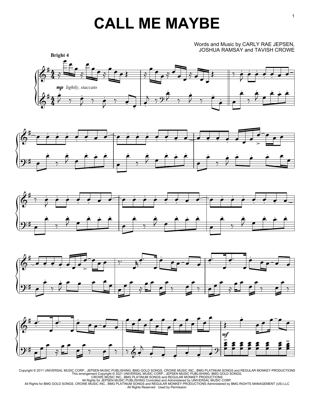 Download Carly Rae Jepsen Call Me Maybe [Classical version] Sheet Music and learn how to play Piano Solo PDF digital score in minutes