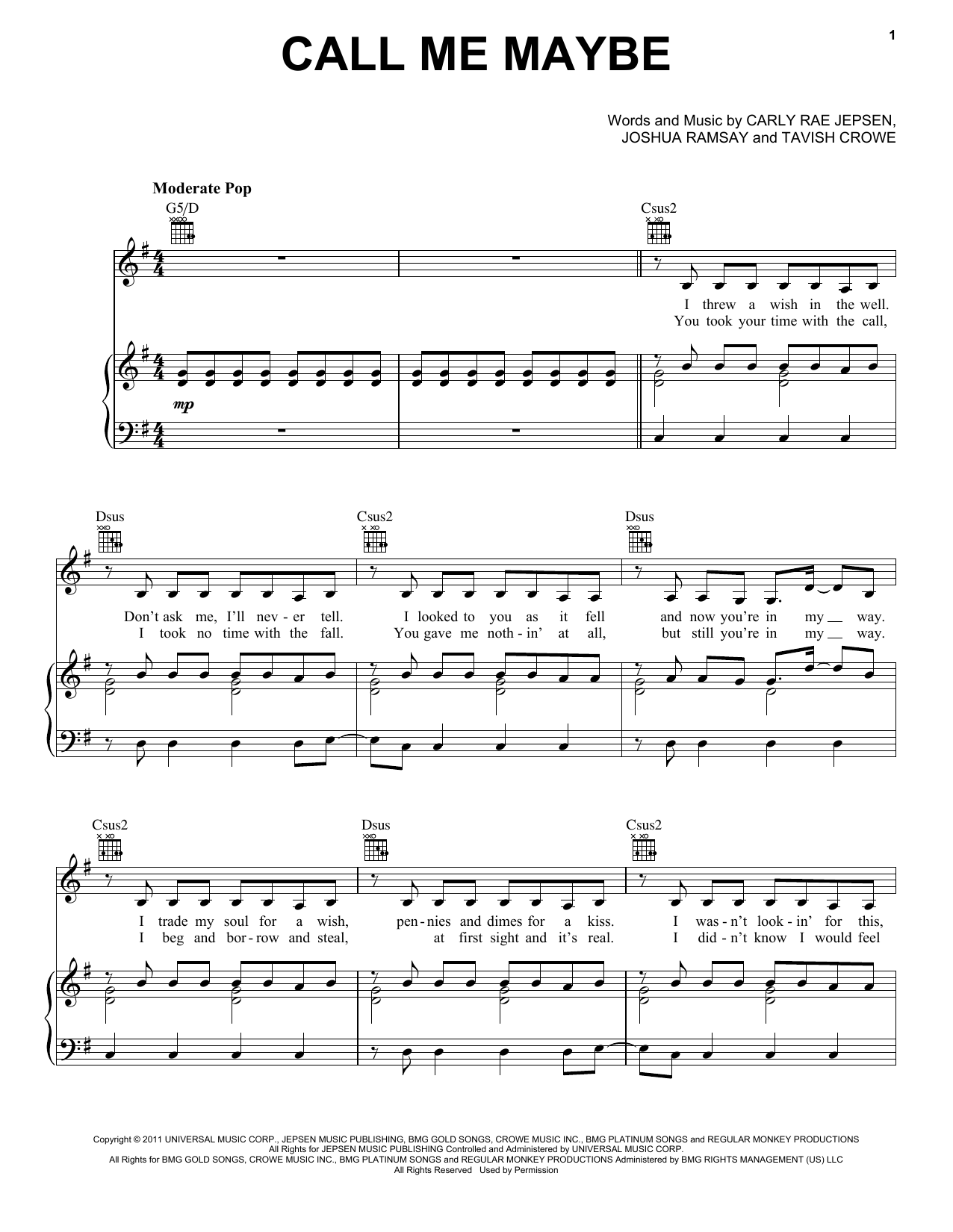 Download Carly Rae Jepsen Call Me Maybe Sheet Music and learn how to play Easy Guitar Tab PDF digital score in minutes