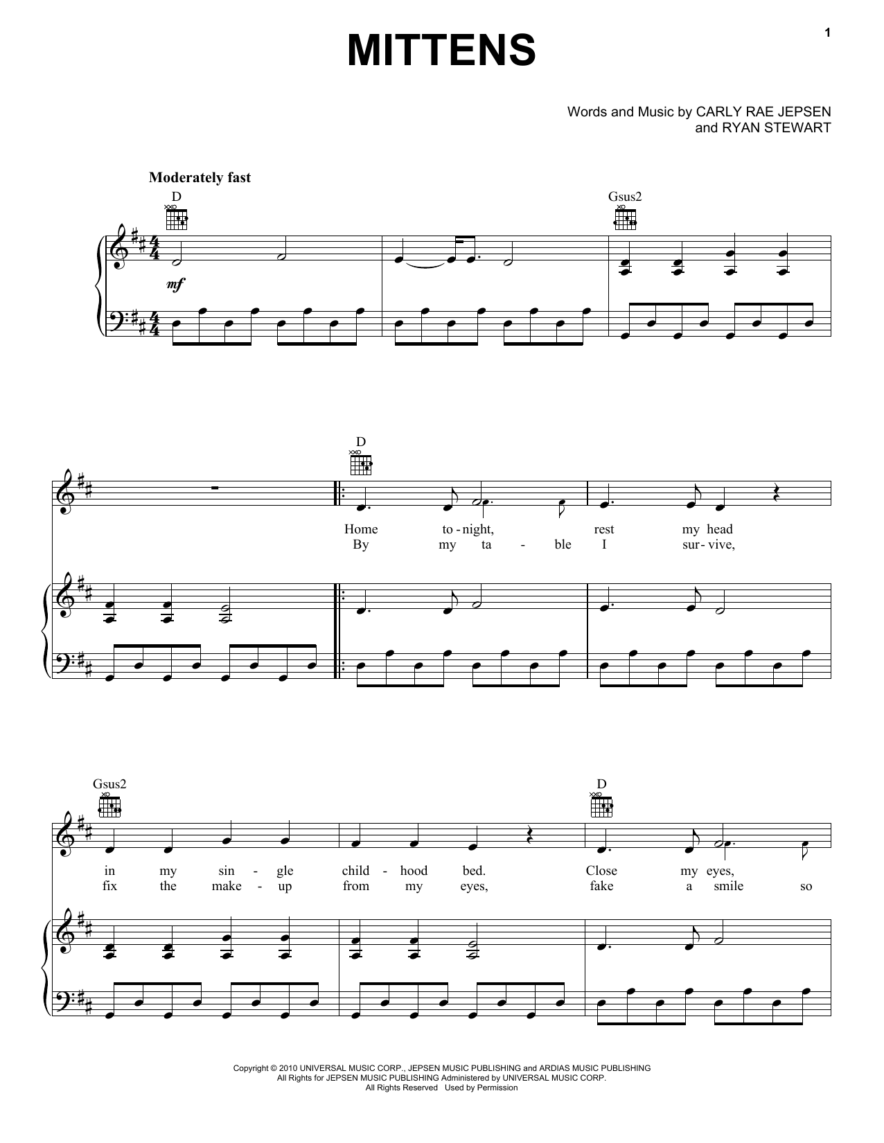 Download Carly Rae Jepsen Mittens Sheet Music and learn how to play Piano, Vocal & Guitar (Right-Hand Melody) PDF digital score in minutes