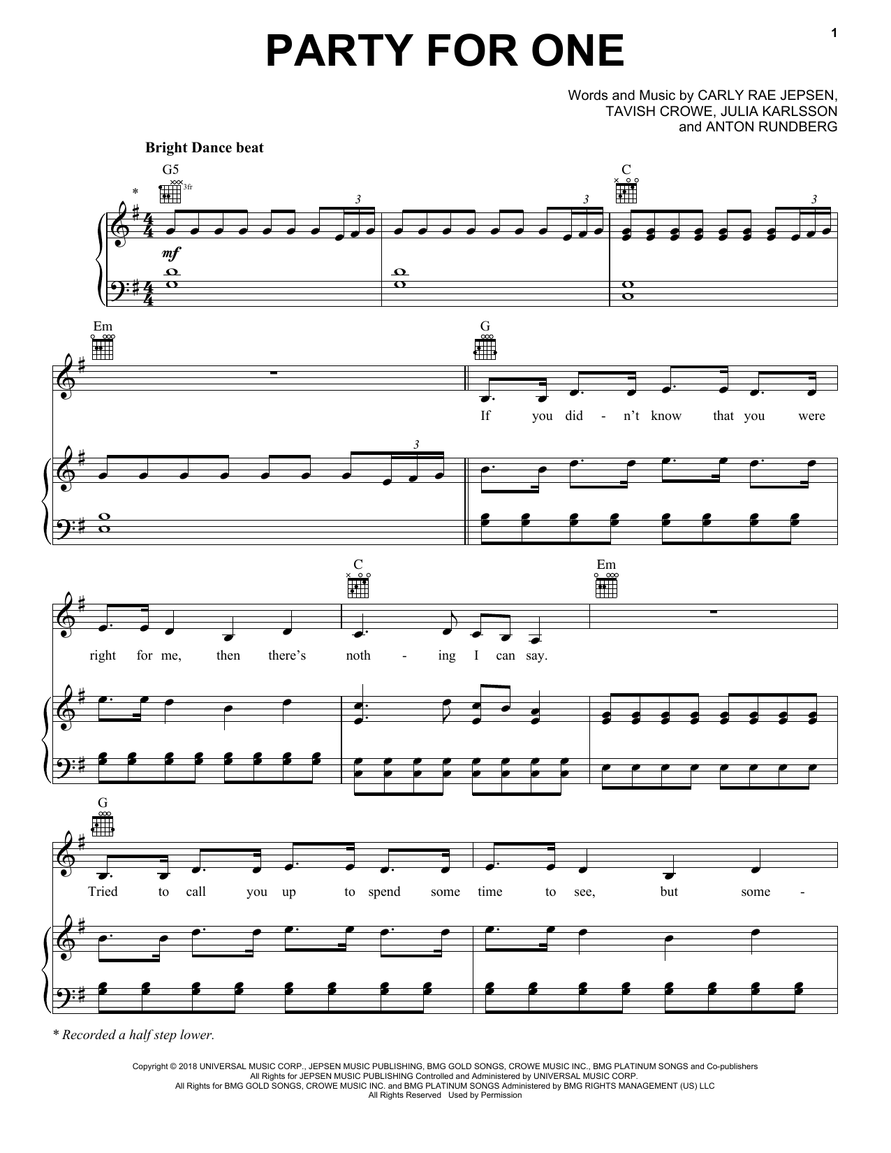 Download Carly Rae Jepsen Party For One Sheet Music and learn how to play Piano, Vocal & Guitar Chords (Right-Hand Melody) PDF digital score in minutes