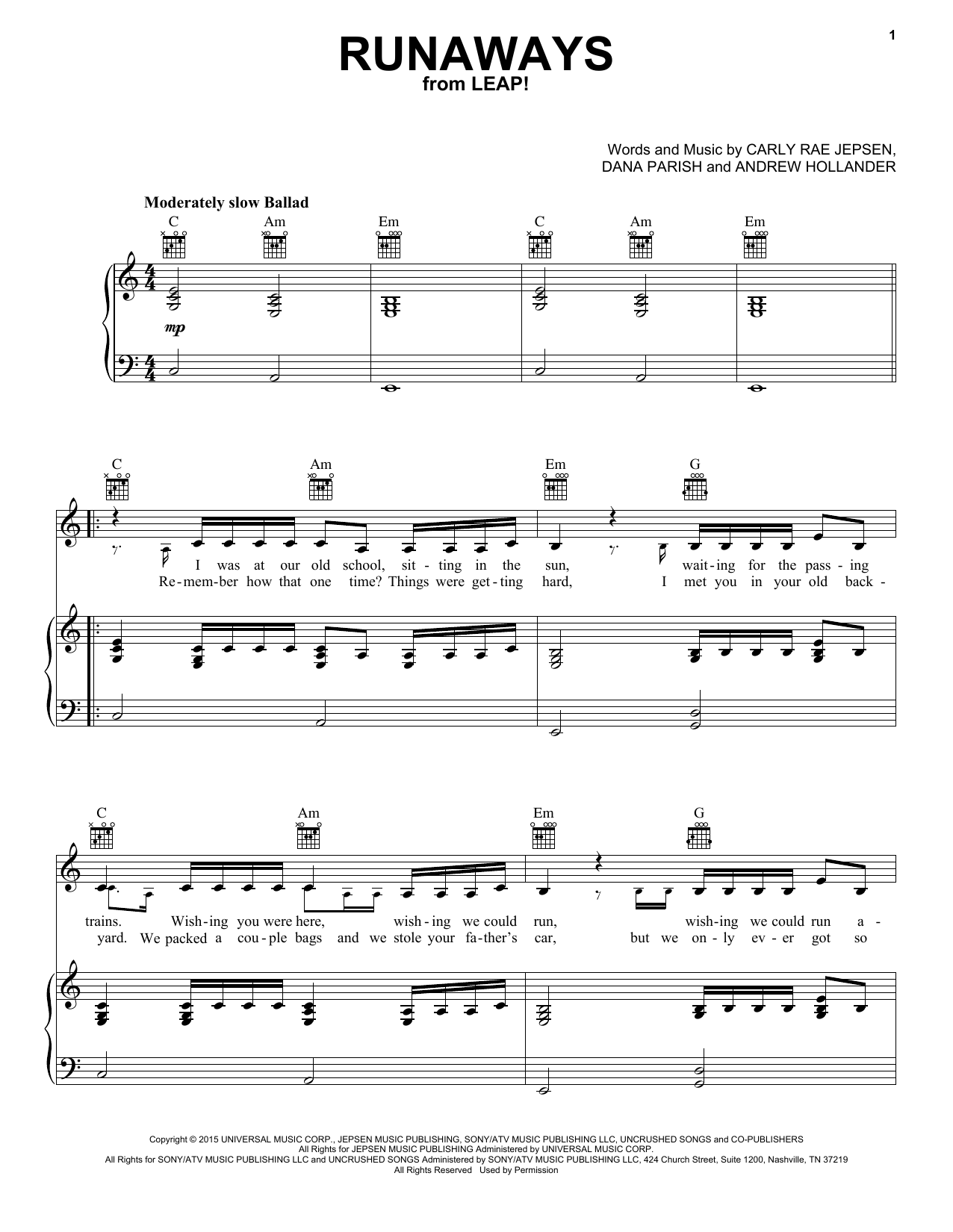 Download Carly Rae Jepsen Runaways Sheet Music and learn how to play Piano, Vocal & Guitar (Right-Hand Melody) PDF digital score in minutes