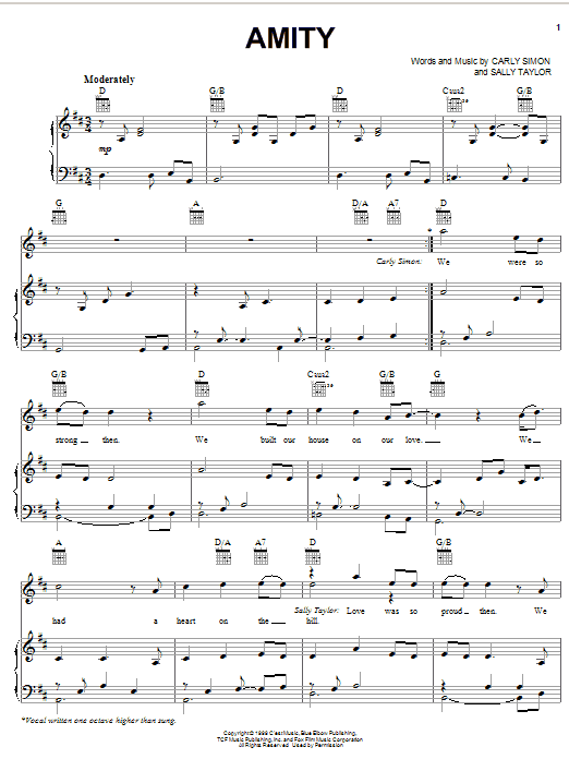 Download Carly Simon Amity Sheet Music and learn how to play Piano, Vocal & Guitar (Right-Hand Melody) PDF digital score in minutes