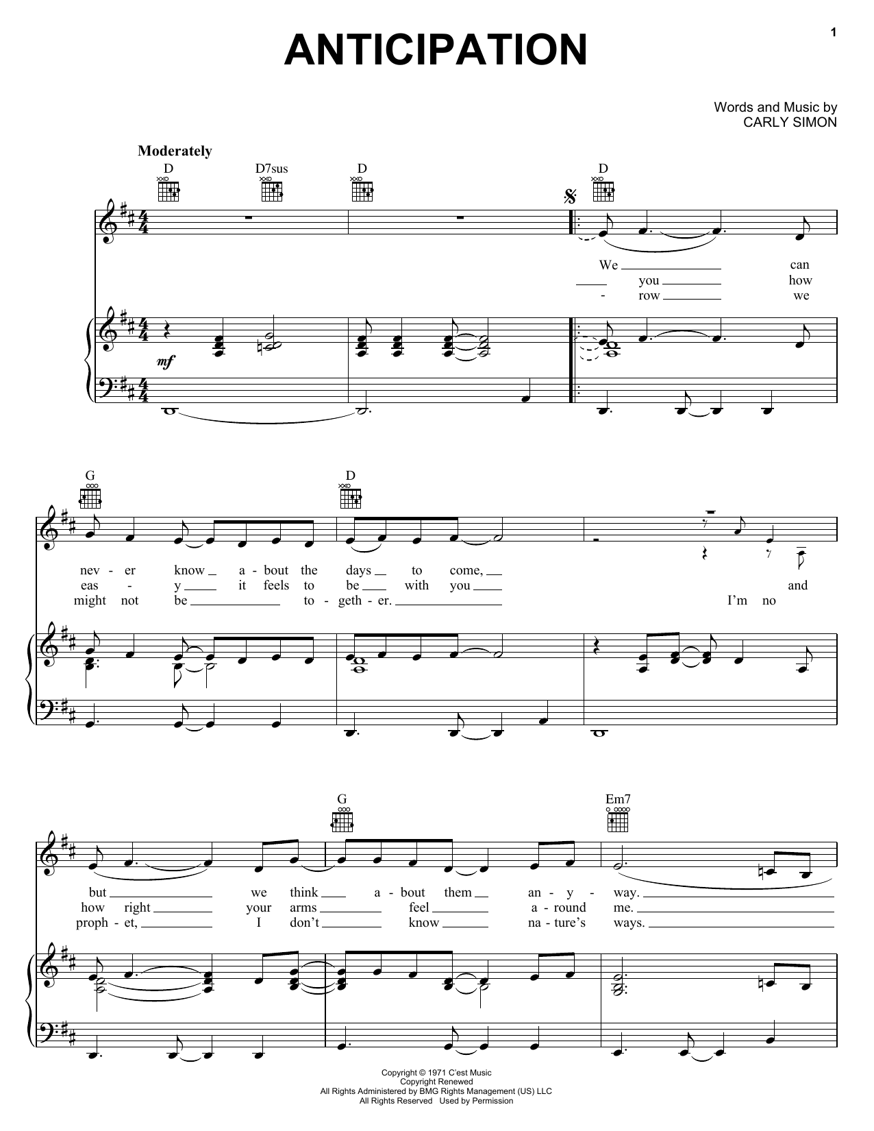 Download Carly Simon Anticipation Sheet Music and learn how to play Piano, Vocal & Guitar (Right-Hand Melody) PDF digital score in minutes