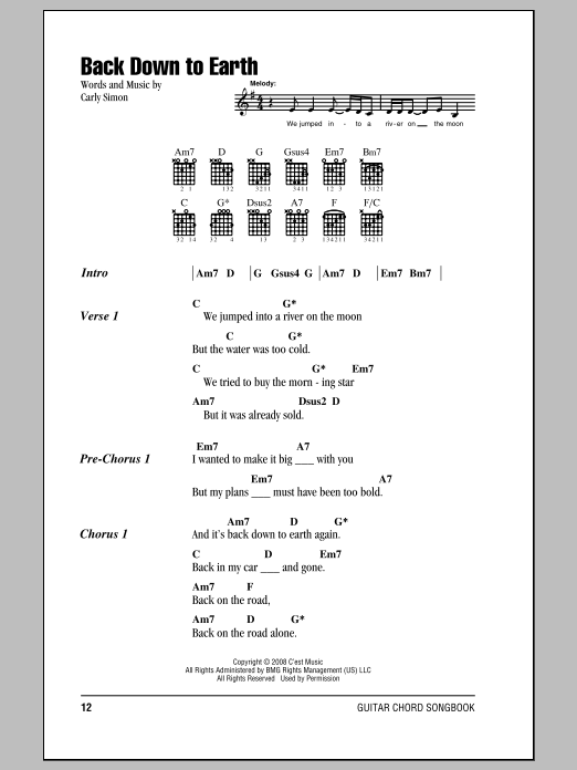 Download Carly Simon Back Down To Earth Sheet Music and learn how to play Lyrics & Chords PDF digital score in minutes