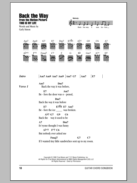 Download Carly Simon Back The Way Sheet Music and learn how to play Lyrics & Chords PDF digital score in minutes