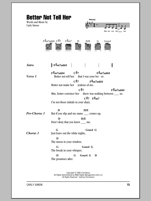 Download Carly Simon Better Not Tell Her Sheet Music and learn how to play Lyrics & Chords PDF digital score in minutes