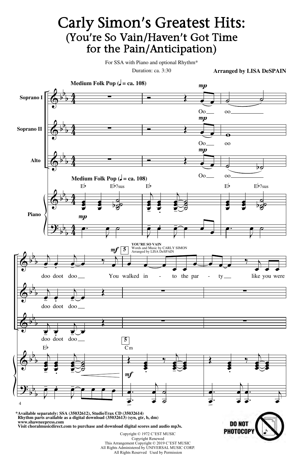 Download Carly Simon Carley Simon's Greatest Hits (Medley) (arr. Lisa DeSpain) Sheet Music and learn how to play SSA Choir PDF digital score in minutes