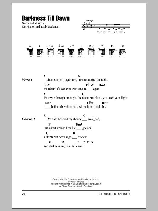 Download Carly Simon Darkness Till Dawn Sheet Music and learn how to play Lyrics & Chords PDF digital score in minutes
