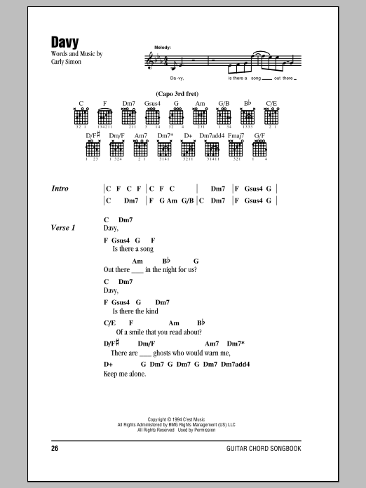 Download Carly Simon Davy Sheet Music and learn how to play Lyrics & Chords PDF digital score in minutes