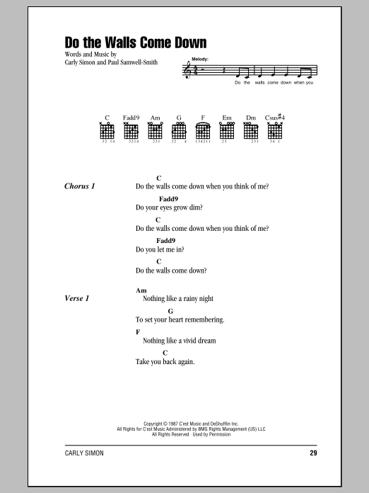Download Carly Simon Do The Walls Come Down Sheet Music and learn how to play Lyrics & Chords PDF digital score in minutes