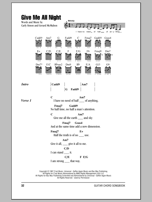 Download Carly Simon Give Me All Night Sheet Music and learn how to play Lyrics & Chords PDF digital score in minutes