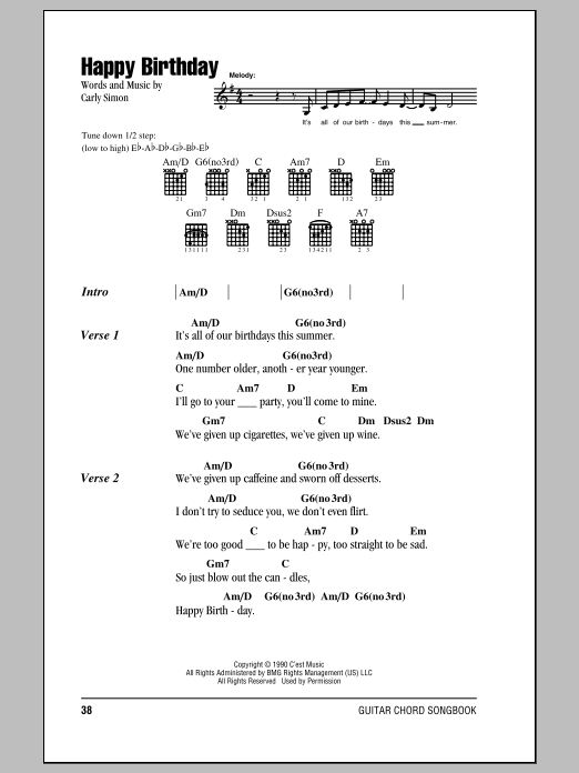 Download Carly Simon Happy Birthday Sheet Music and learn how to play Lyrics & Chords PDF digital score in minutes