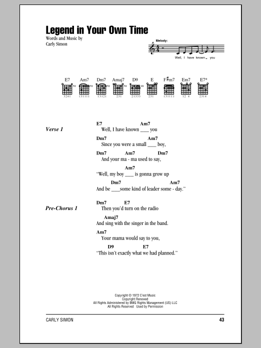 Download Carly Simon Legend In Your Own Time Sheet Music and learn how to play Lyrics & Chords PDF digital score in minutes