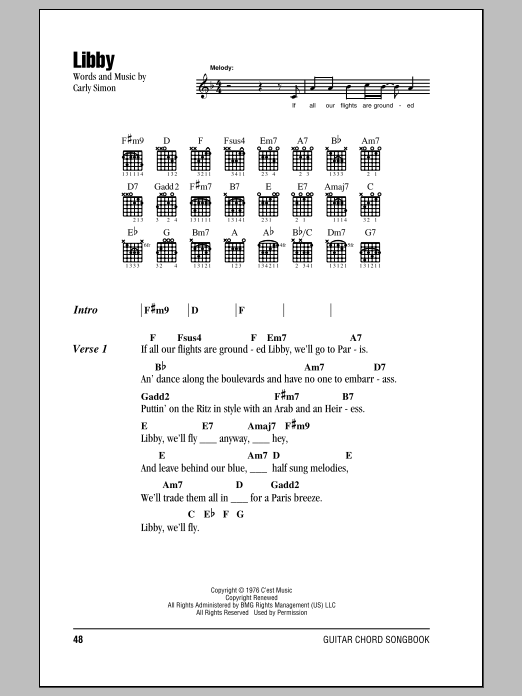 Download Carly Simon Libby Sheet Music and learn how to play Lyrics & Chords PDF digital score in minutes