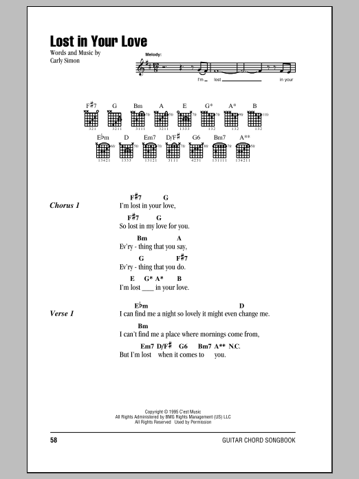 Download Carly Simon Lost In Your Love Sheet Music and learn how to play Lyrics & Chords PDF digital score in minutes