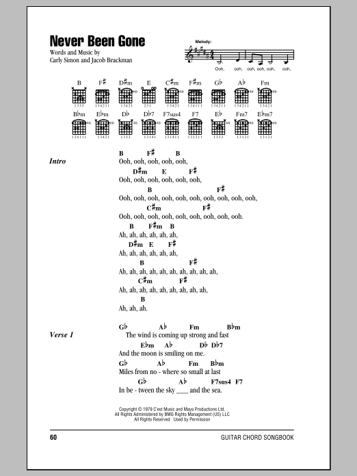 Download Carly Simon Never Been Gone Sheet Music and learn how to play Lyrics & Chords PDF digital score in minutes