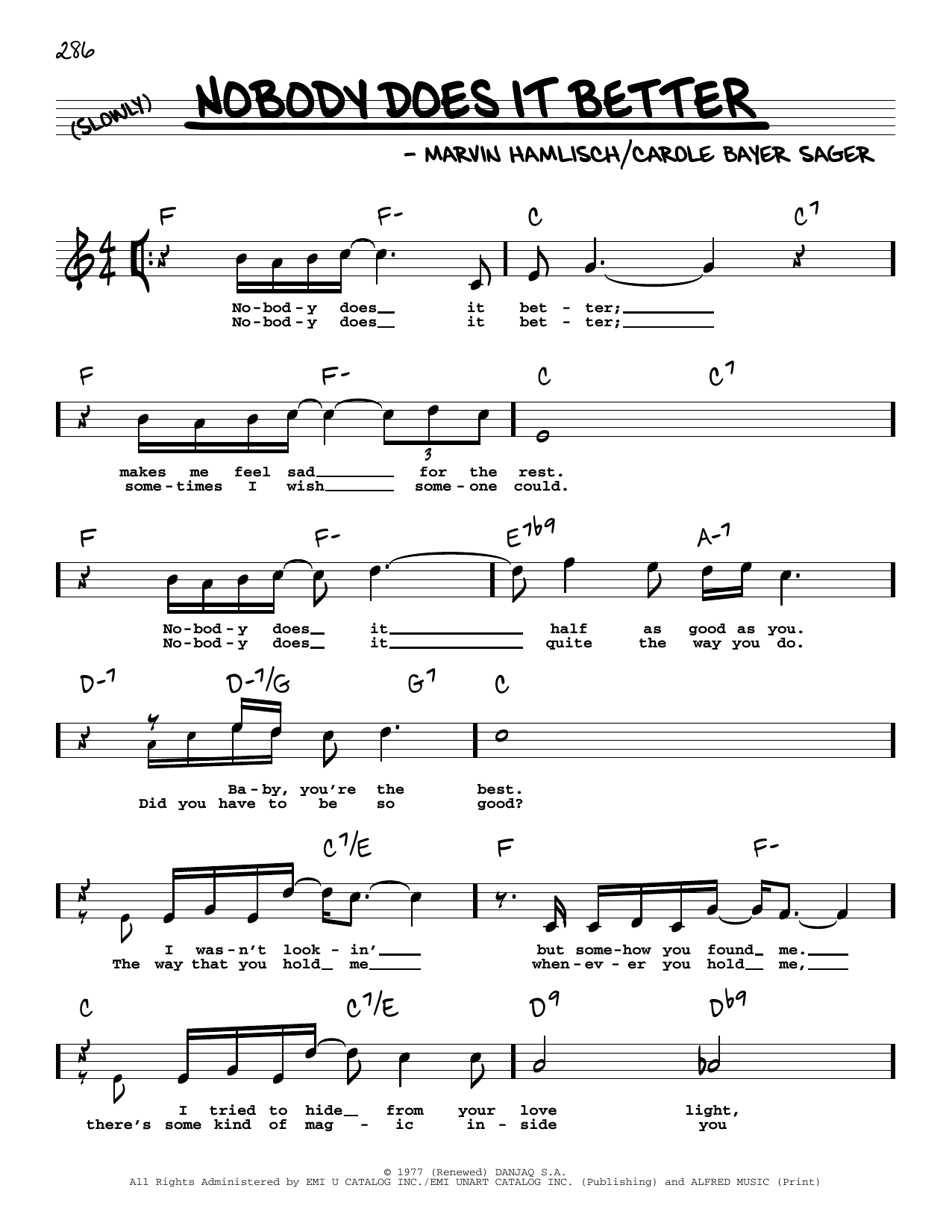 Download Carly Simon Nobody Does It Better (High Voice) Sheet Music and learn how to play Real Book – Melody, Lyrics & Chords PDF digital score in minutes