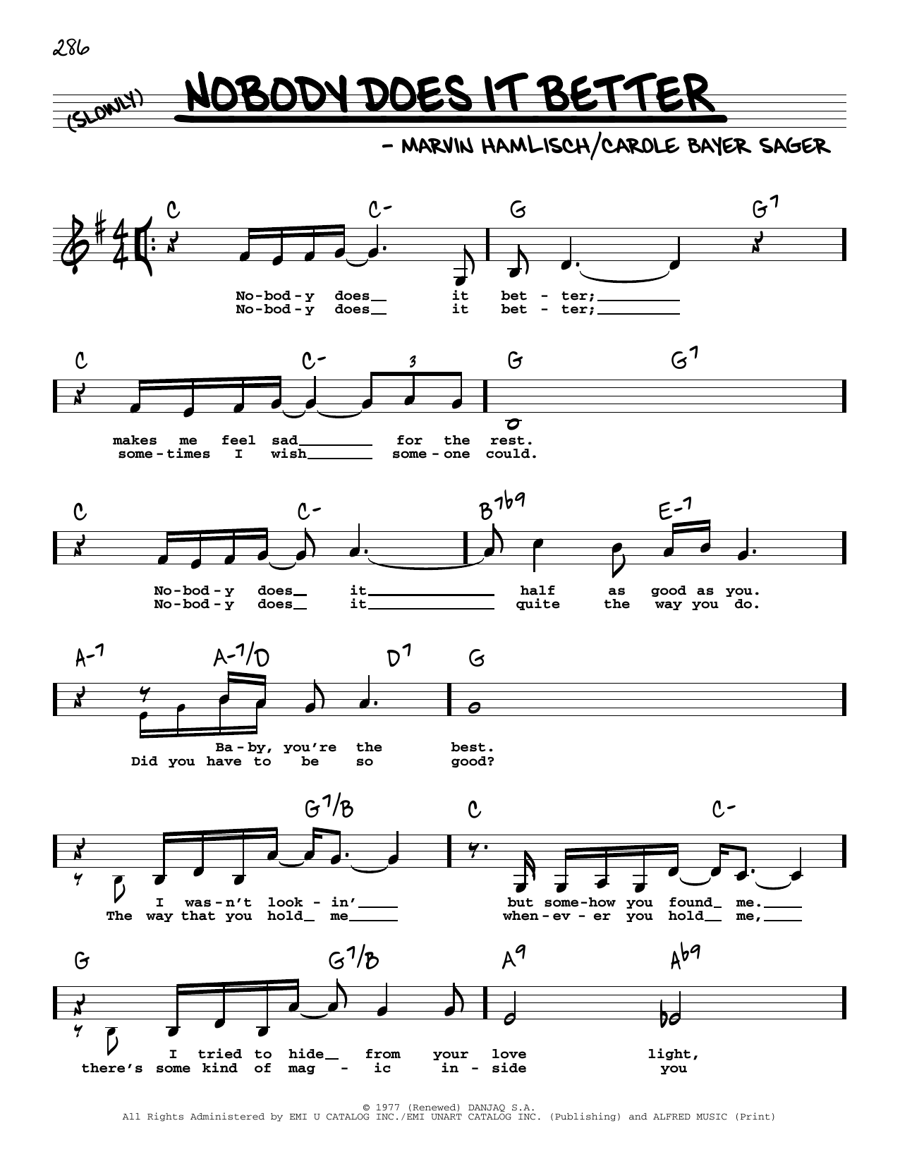 Download Carly Simon Nobody Does It Better (Low Voice) Sheet Music and learn how to play Real Book – Melody, Lyrics & Chords PDF digital score in minutes