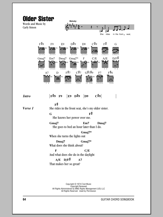 Download Carly Simon Older Sister Sheet Music and learn how to play Lyrics & Chords PDF digital score in minutes