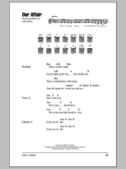 Download Carly Simon Our Affair Sheet Music and learn how to play Lyrics & Chords PDF digital score in minutes