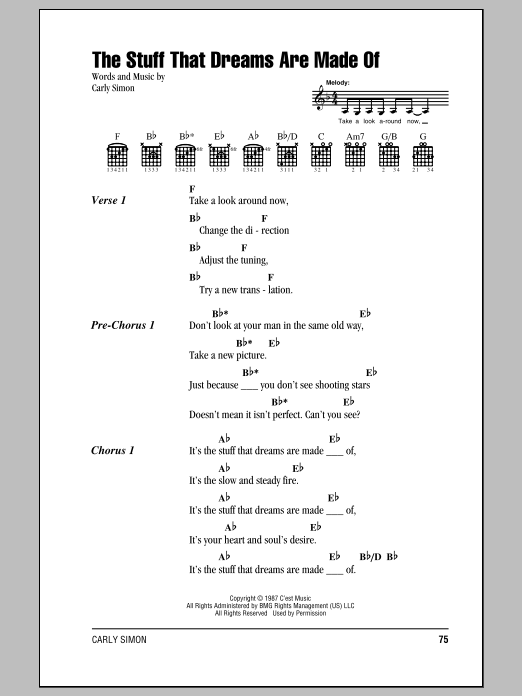 Download Carly Simon The Stuff That Dreams Are Made Of Sheet Music and learn how to play Lyrics & Chords PDF digital score in minutes