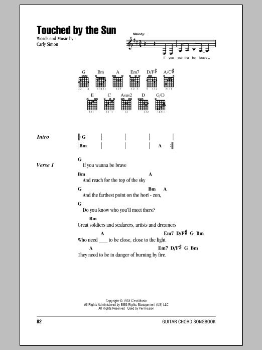 Download Carly Simon Touched By The Sun Sheet Music and learn how to play Lyrics & Chords PDF digital score in minutes