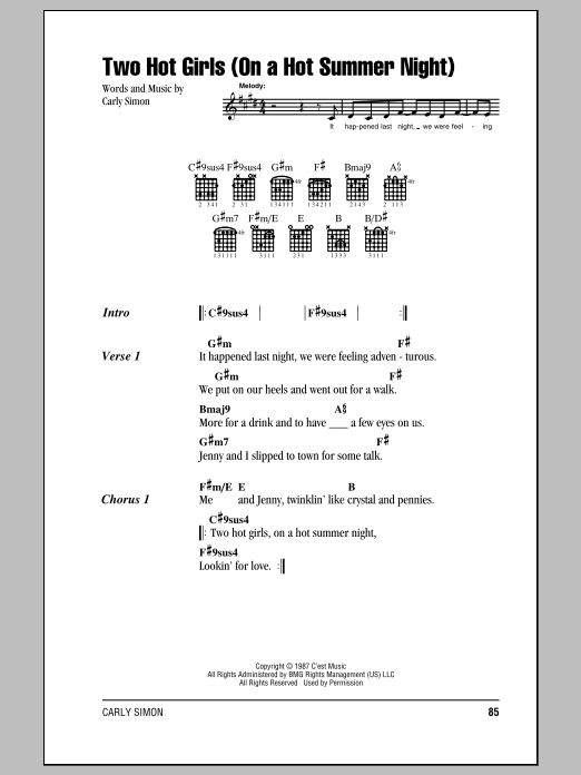 Download Carly Simon Two Hot Girls (On A Hot Summer Night) Sheet Music and learn how to play Lyrics & Chords PDF digital score in minutes