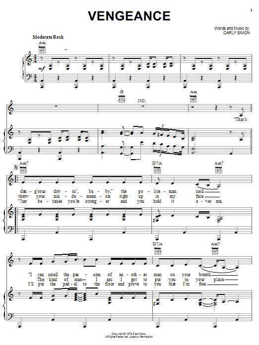 Download Carly Simon Vengeance Sheet Music and learn how to play Lyrics & Chords PDF digital score in minutes